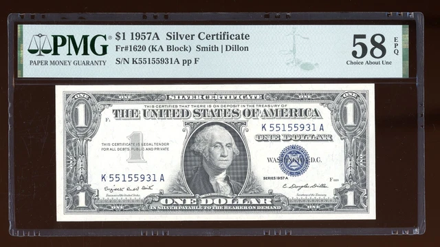 DBR $1 1957-A Silver Fr. 1620 KA Block PMG 58 EPQ Serial K55155931A