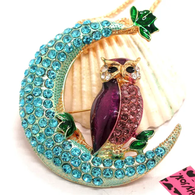 New Betsey Johnson Blue Rhinestone Cute Owl Moon Crystal Pendant Chain Necklace