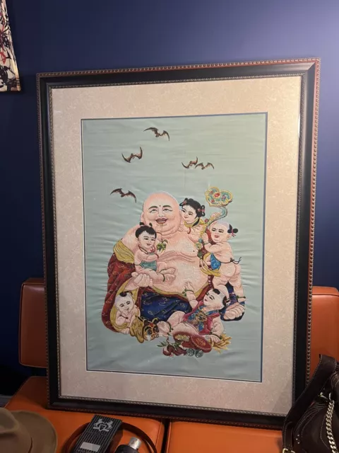 Chinese Silk Embroidery Framed “Children of Buddha” Laughing Buddha 1900s