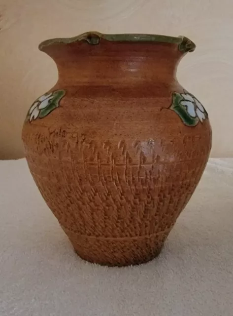 Rockhouse Pottery Vase Ken Carolyn Poole 1992 Seagrove NC  Enamel Dogwood Flower