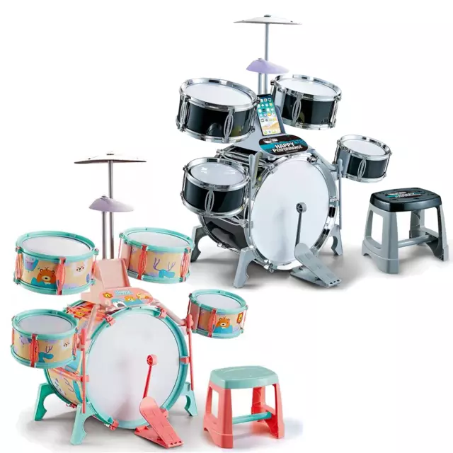 Kids Jazz Drum Kit Toy With Music Note Cards and Stool, Childs Drums Play Set