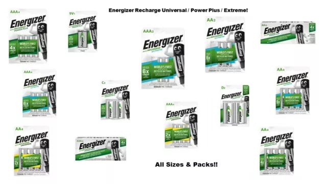 Energizer AA AAA C D 9V Rechargeable Batteries NiMH Pre Charged All Sizes/Packs