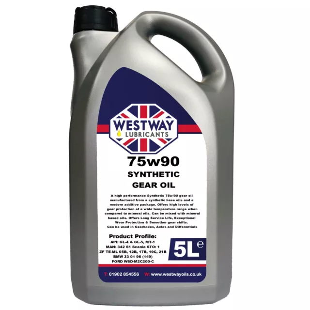 5L Fully Synthetic SAE 75w90 75W/90 Gear Oil 5 Litres GL-4 GL-5