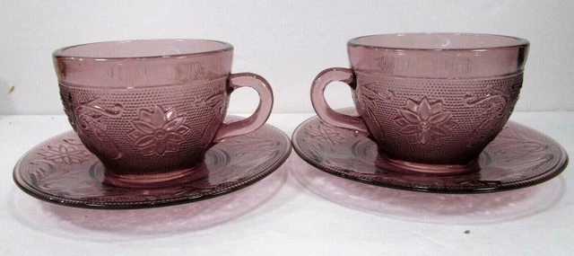Indiana Glass 2 Sandwich Glass Amethyst Purple Tea Coffee Cups w Saucers 8 oz