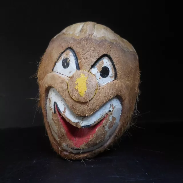 N24.123 Scultura Etnico Tahiti Legno Dadi Cocco Maschera Recipiente Clown Arte