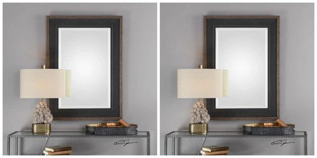 Pair Xxl 42" Wood Frame Modern Rustic Black Mesh Texture Wall Vanity Mirror