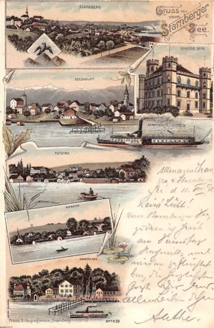 398444) Gruss aus Litho AK Starnberger See gelaufen um 1900