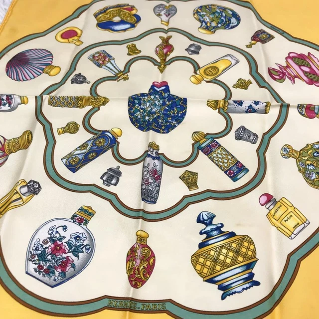 HERMES petit Carre scarf stole perfume pattern yellow silk tagless