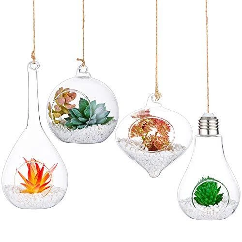 4 PCS Hanging Glass Terrarium Globes with Twine Rope Balls Decorations Round, Te