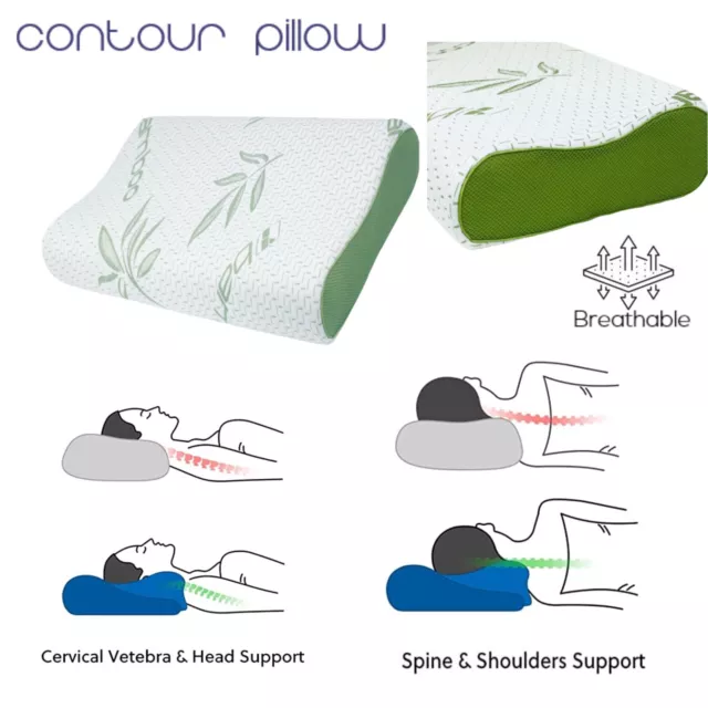 Contour Memory Foam Pillow Bamboo Removable Cover Orthopedic Head Neck Support