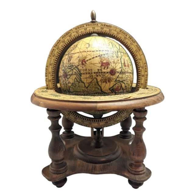 Vintage Old World Zodiac Astrology Wooden Desktop Globe w/ Stand, Made In Italy