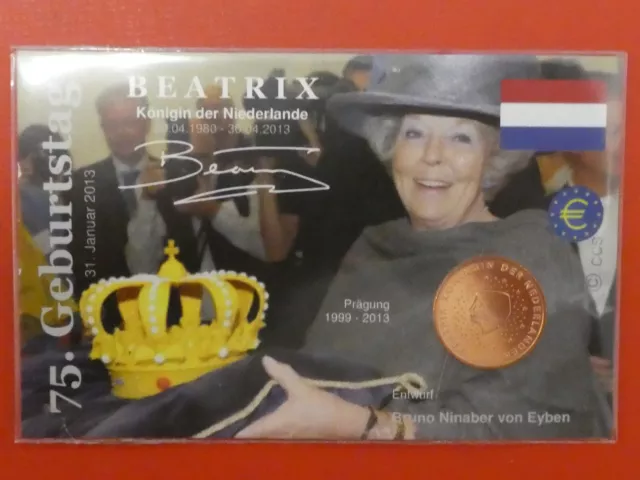 Niederlande, 1 Cent, Königin Beatrix, 2013, original, Coincard