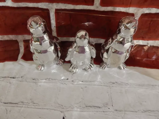Lot of 3 Ceramic Penguin Figurines/Silver/ Big 3.42x2.87x5.63 in. & small 2.75x