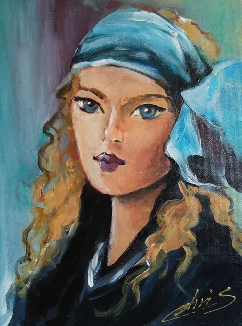 Tableau Peinture Toile Portrait La Dame Au Foulard Art Original Signe Chrisk