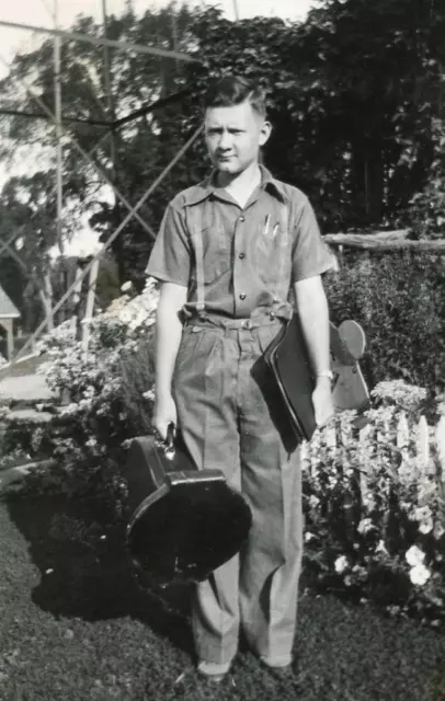 MM11 Vtg Photo SCHOOL BOY, MINI TUBA INSTRUMENT CASE c 1930's