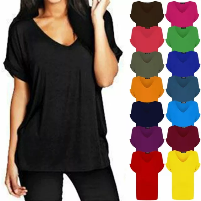 Women Ladies Baggy Oversized Loose Fit Turn Up Batwing Sleeve V Neck Top T-Shirt