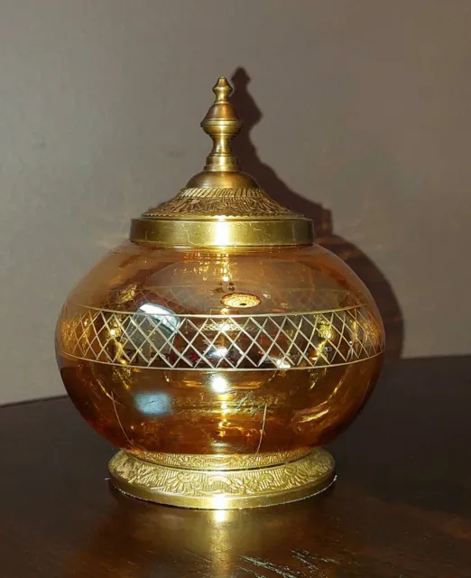 Elegant Glass Jar w/ Gold Tone Finish & Ornate Metal Lid & Small Pedestal 2006 2