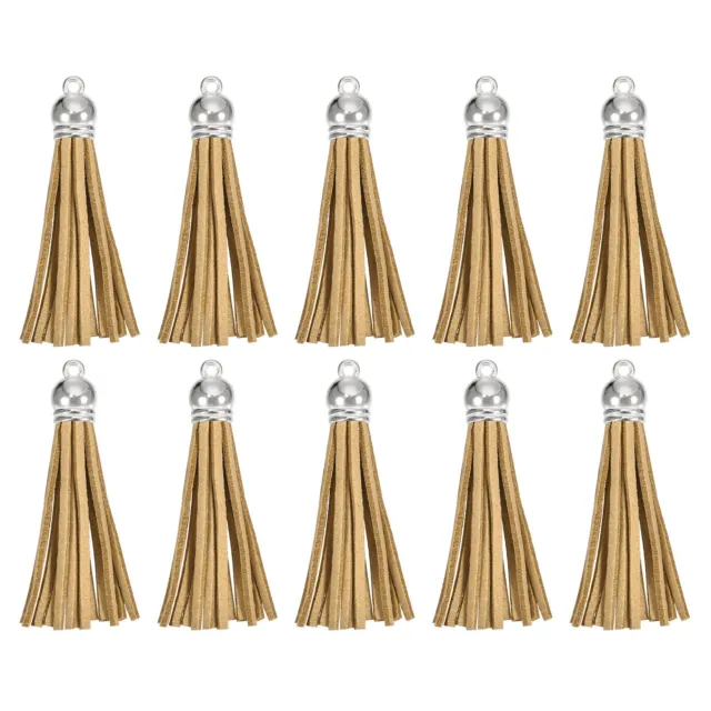 30Pcs 2.2" Leather Tassels Keychain Charm with Silver Cap for DIY, Khaki