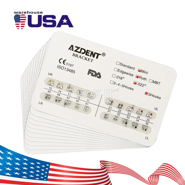 5Packs AZDENT Dental Orthodontic Brackets Braces Mini Roth Slot 0.022 Hooks 3