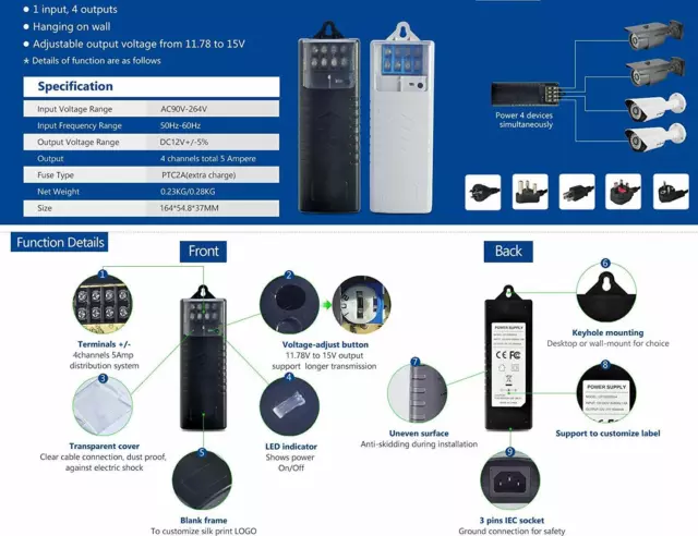CCTV 4 Port 12V 5Amp Power Supply CSA UL CE Listed, Voltage Adjustable 2