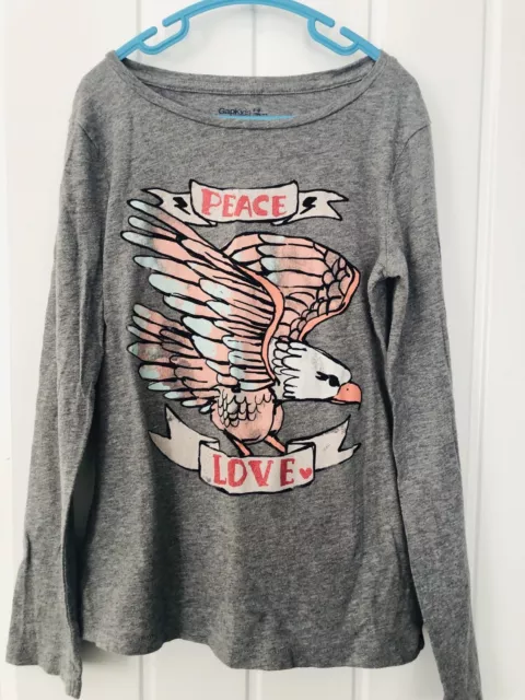 Gap Kids girls long sleeved ‘peace and love’ slogan top, age 8-9