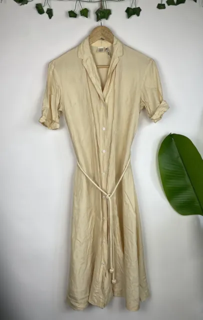 Vintage Size S 6-10 Ecru Beige 100% Silk Tie Waist Shirt Midi Dress