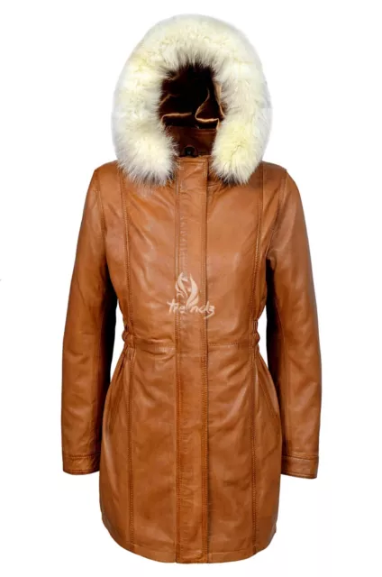 ALANA Tan Ladies New Fur Hooded Knee Length Real Lambskin Designer Leather Coat