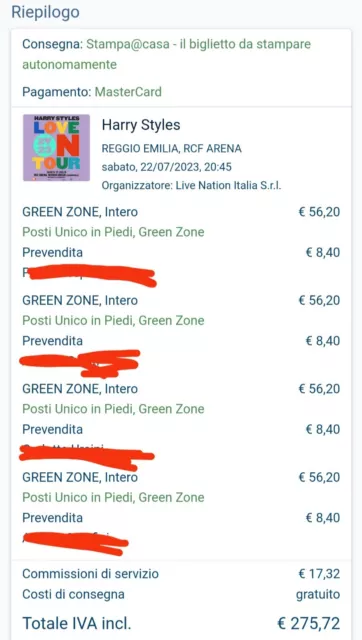 4 X Biglietti GREEN ZONE Harry Styles  SVENDITA Reggio Emilia 22/07/2023 