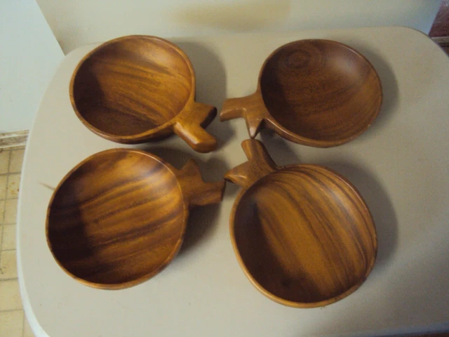 4 Vintage Monkey Pod Wood Salad Bowl Set Unique