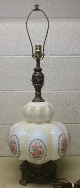 Vtg Table Parlor Lamp Bubble Glass Brass 3 Way Light Floral Design - 32"- WORKS!