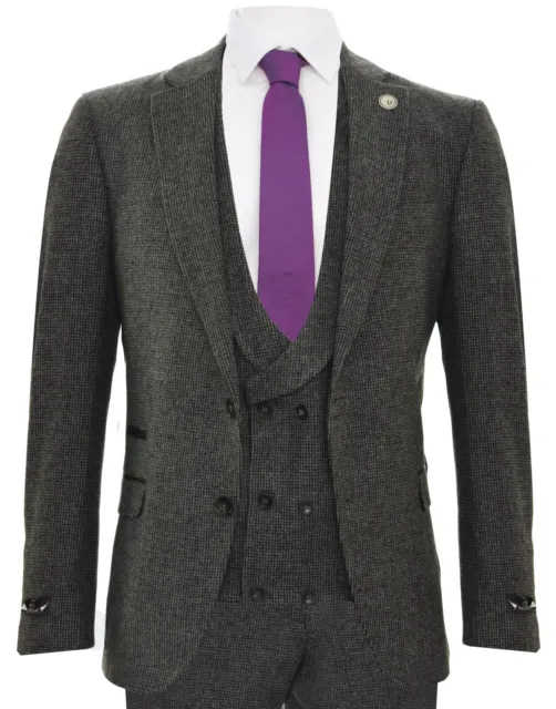 Mens Grey 3 Piece Tweed Suit Vintage Harringbone 1920s Retro Peaky Blinders