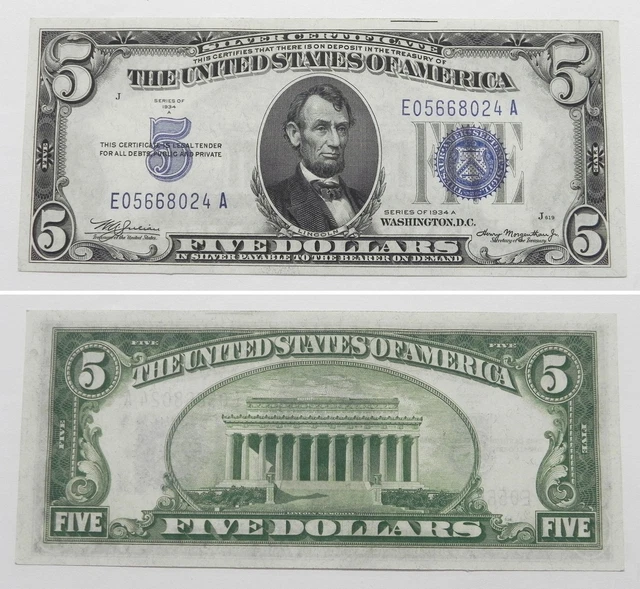 1934 A MULE Blue Seal $5 Silver Certificate Note, GEM CU, FR-1651m, E05668024A
