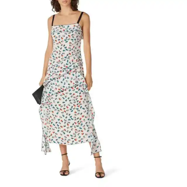 Jason Wu Floral Printed Dress Size 10 Silk White $650 msrp Tiered G8-8