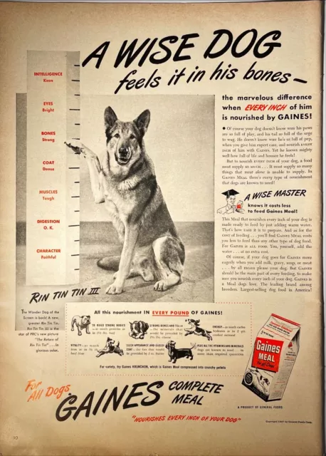 Gaines Burgers Meal Dog Puppy Food German Sheppard Rin Tin Tin Vtg Print Ad 1947