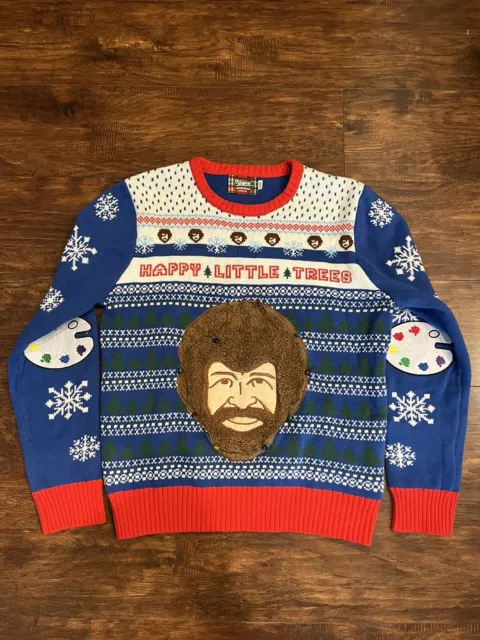 Spencers Workshop Bob Ross Ugly Christmas Sweater. Size Large (untested Lights)