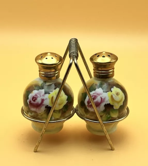 Enesco Japan Hand Painted Floral Salt Pepper Shakers in Stand Vintage Ceramic
