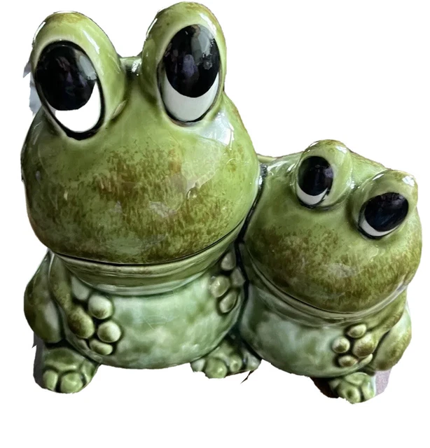 Vintage Norcrest Hugging Frogs Ceramic Pottery Planter Green Glazed