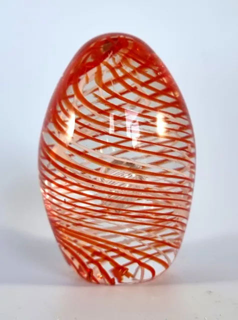 Vintage Art Glass Paperweight Controlled Bubble Clear Red White Swirls Egg Shape 2