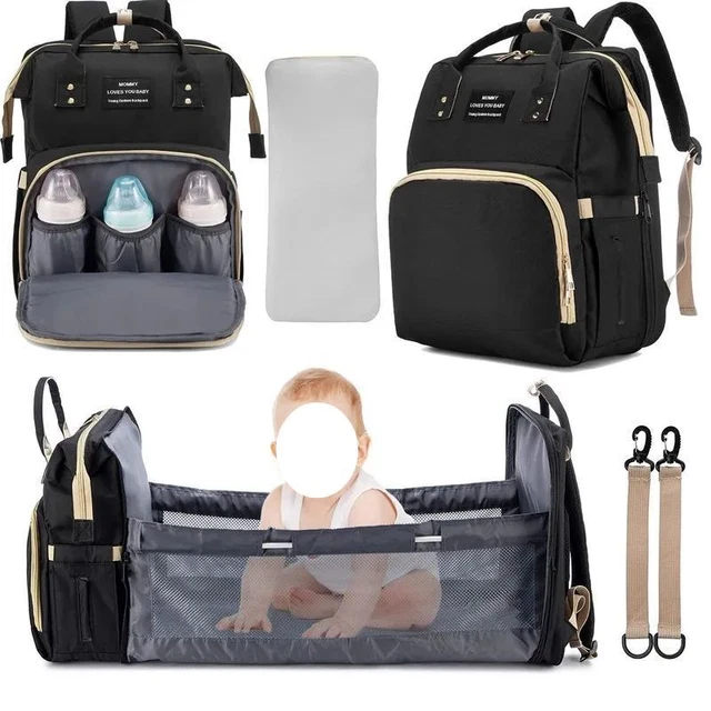 Foldable Baby Crib with Changing Pad Diaper Bag Backpack USB Interface Babies