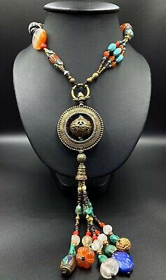 Beautiful Handmade Tibetan Old Necklace With Turquoise Coral And Crystal Stone