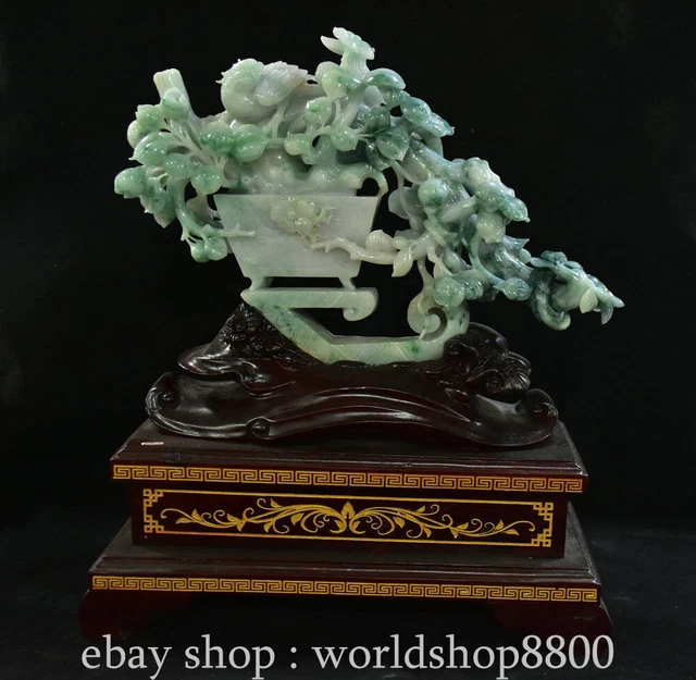 14" Chinese Natural Emerald Jade Jadeite Carved Flower Bird Potting Statue