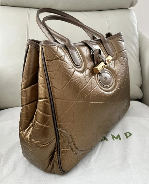 Auth LONGCHAMP Roseau Gold Dark Brown Nylon Leather Tote Bag Excellent Condition