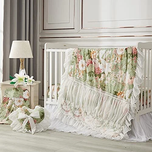 Baby Crib Bedding Sets for Girls Luxury Floral Nursery Set with 6-piece Green