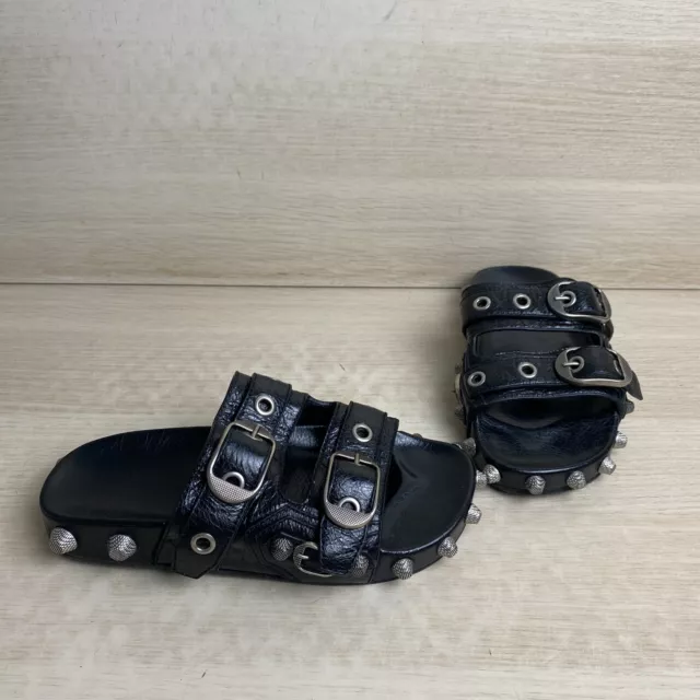 Balenciaga “WAD4E” Black Leather Studded Two-Strap Slide Sandals, Women’s 38
