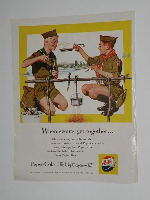 Magazine Ad* - 1957 - Pepsi - Boy Scouts - campfire cooking