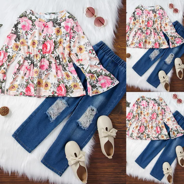 Kids Baby Girls Floral Clothes Set T-Shirt Tops Ripped Denim Jeans Pants Outfits