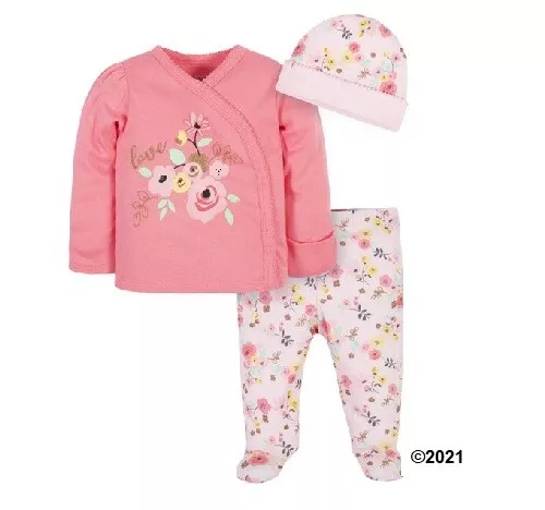 Gerber Baby Girl 3-Piece Organic Cotton "Love" Floral Take Me Home Set Size NB