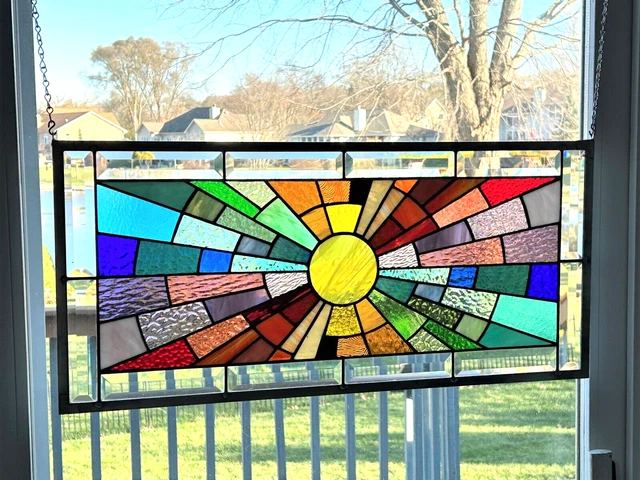 Stained glass panel window large transom rainbow colors