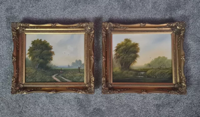 Set of 2 gold framed canvas oil paintings of countryside scenes