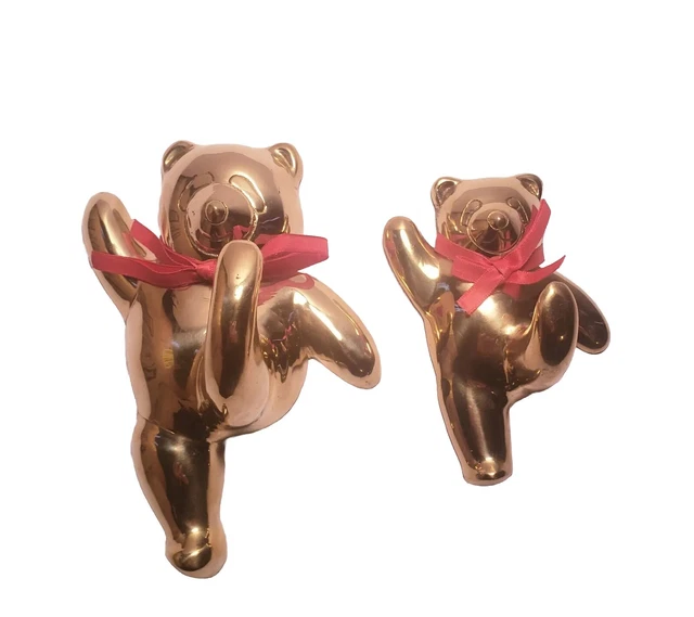Solid Brass Hook Dancing Teddy Bear Coat Hat Set Of 2 Vintage